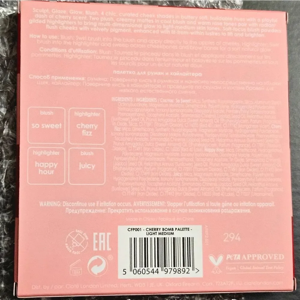 CIATE LONDON Cherry Bomb Blush & Highlighter Palette NEW light medium
